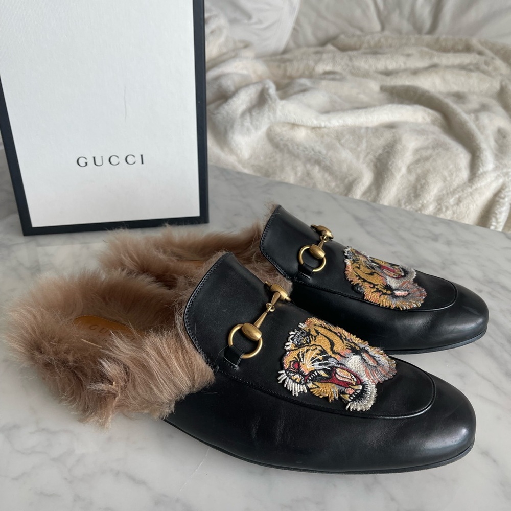 Gucci Princetown Loafers with Tiger Embroidery and Fur Lining